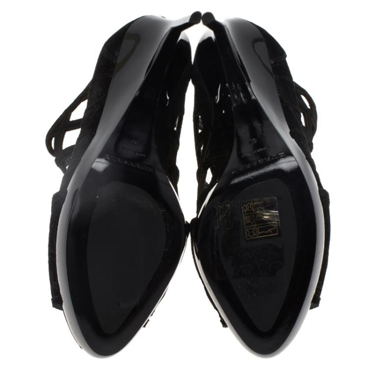 Pre Owned Burberry Prorsum Black Suede Edenside Cage Wedge Ankle Boots Size 37