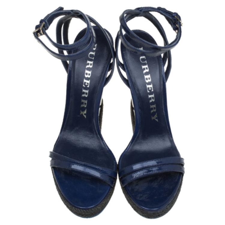 Pre Owned Burberry Blue Patent Hassendean Criss Cross Wedge Sandals Size 40
