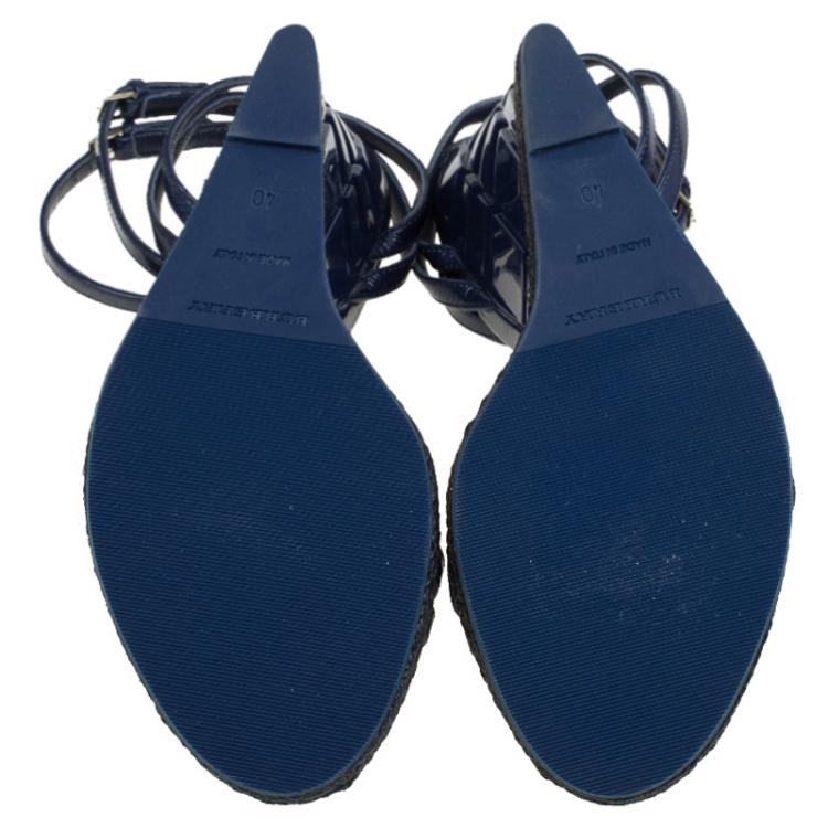 Pre Owned Burberry Blue Patent Hassendean Criss Cross Wedge Sandals Size 40