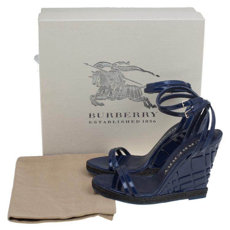 Pre Owned Burberry Blue Patent Hassendean Criss Cross Wedge Sandals Size 40