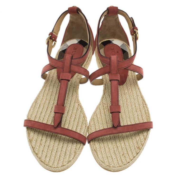 Pre Owned Burberry Pale Rosewood Suede T Strap Westerdale Espadrille Flat Sandals Size 38.5
