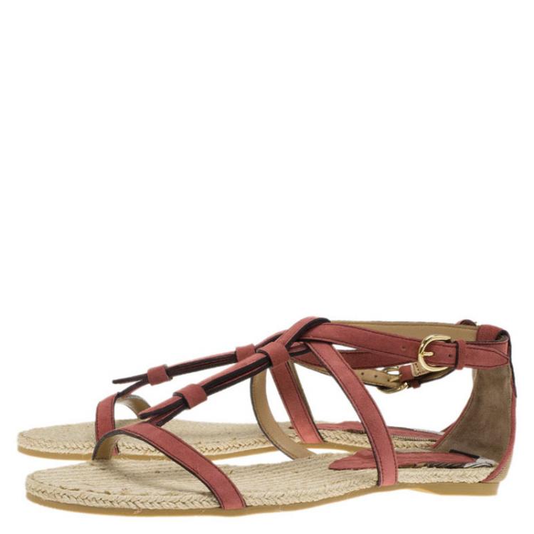 Pre Owned Burberry Pale Rosewood Suede T Strap Westerdale Espadrille Flat Sandals Size 38.5