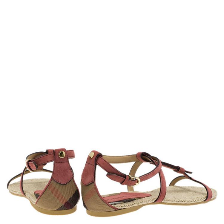 Pre Owned Burberry Pale Rosewood Suede T Strap Westerdale Espadrille Flat Sandals Size 38.5