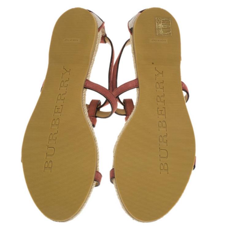 Pre Owned Burberry Pale Rosewood Suede T Strap Westerdale Espadrille Flat Sandals Size 38.5