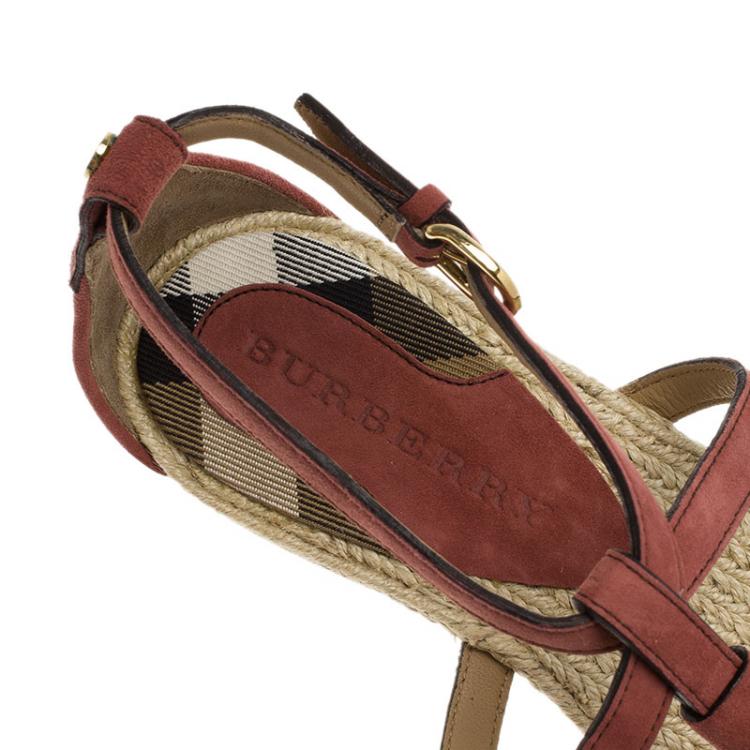 Pre Owned Burberry Pale Rosewood Suede T Strap Westerdale Espadrille Flat Sandals Size 38.5