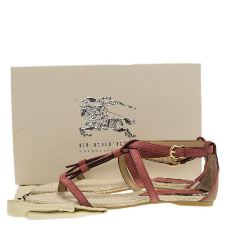 Pre Owned Burberry Pale Rosewood Suede T Strap Westerdale Espadrille Flat Sandals Size 38.5