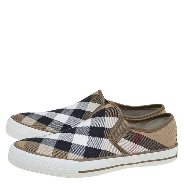 Pre Owned Burberry Beige Novacheck Canvas Slip On Sneakers Size 38