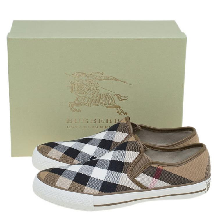 Pre Owned Burberry Beige Novacheck Canvas Slip On Sneakers Size 38