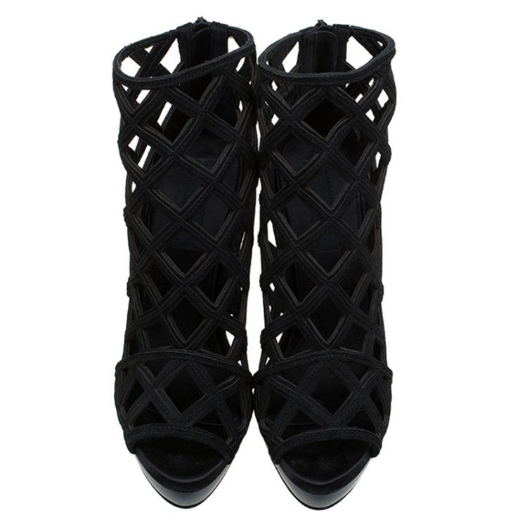 Pre Owned Burberry Prorsum Black Suede Edenside Cage Wedge Ankle Boots Size 39