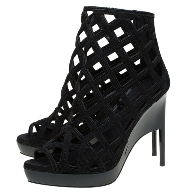 Pre Owned Burberry Prorsum Black Suede Edenside Cage Wedge Ankle Boots Size 39