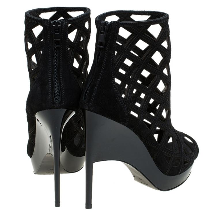 Pre Owned Burberry Prorsum Black Suede Edenside Cage Wedge Ankle Boots Size 39