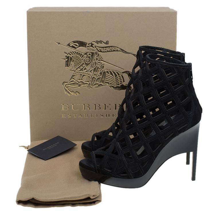 Pre Owned Burberry Prorsum Black Suede Edenside Cage Wedge Ankle Boots Size 39