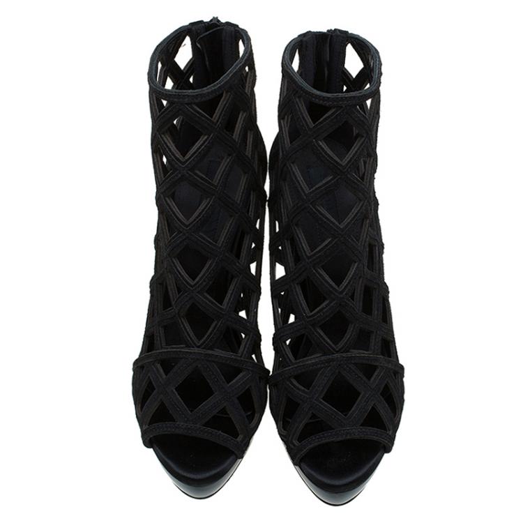 Pre Owned Burberry Prorsum Black Suede Edenside Cage Wedge Ankle Boots Size 38.5