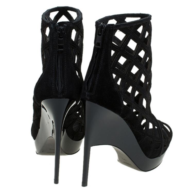 Pre Owned Burberry Prorsum Black Suede Edenside Cage Wedge Ankle Boots Size 38.5