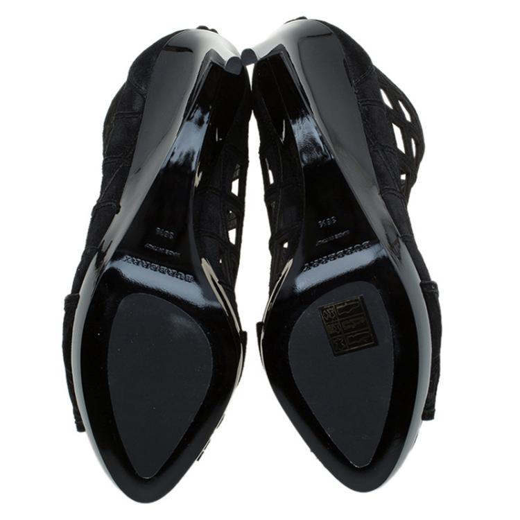 Pre Owned Burberry Prorsum Black Suede Edenside Cage Wedge Ankle Boots Size 38.5