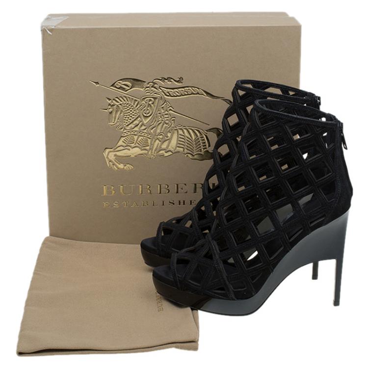 Pre Owned Burberry Prorsum Black Suede Edenside Cage Wedge Ankle Boots Size 38.5