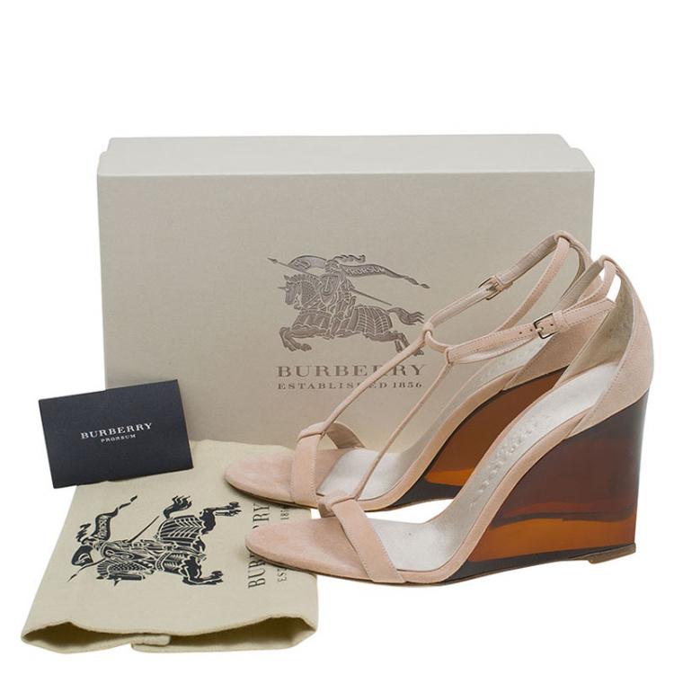 Pre Owned Burberry Prorsum Blush Pink Suede Leyburn Lucite Wedge Sandals Size 39.5
