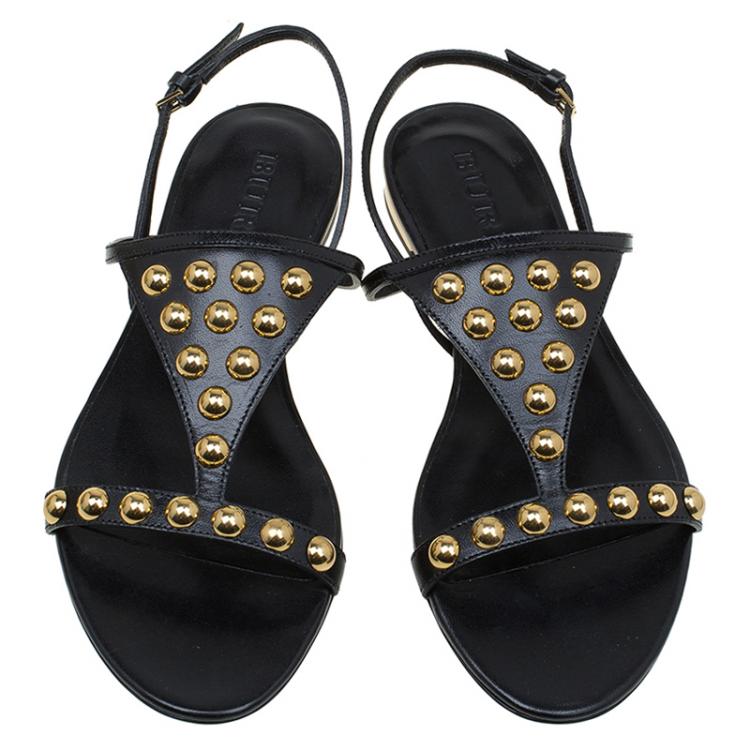 مملوكة مسبقًا Burberry Black Bridle Studded Leather Parnell Sandals Size 37
