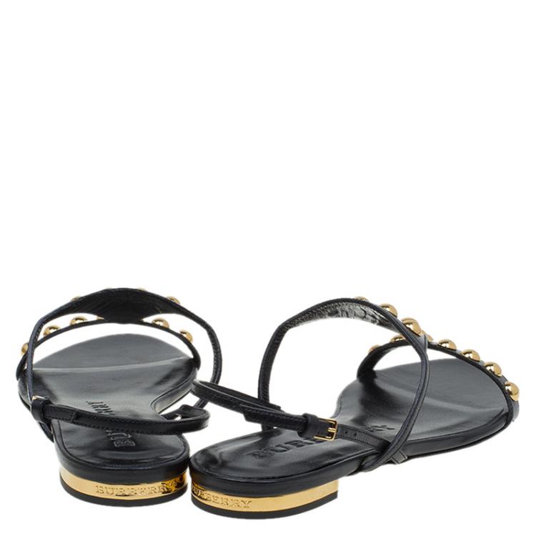 مملوكة مسبقًا Burberry Black Bridle Studded Leather Parnell Sandals Size 37