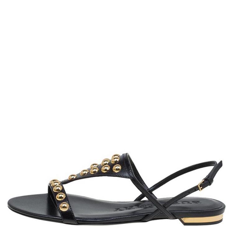 مملوكة مسبقًا Burberry Black Bridle Studded Leather Parnell Sandals Size 36
