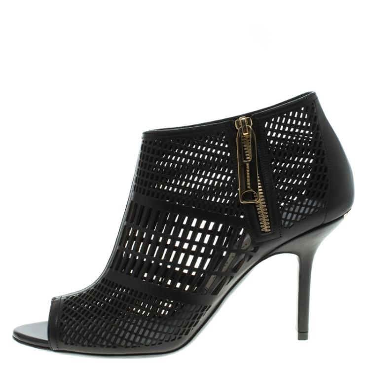 Pre Owned Burberry Black Cutout Leather Baynton Peep Toe Ankle Boots Size 39