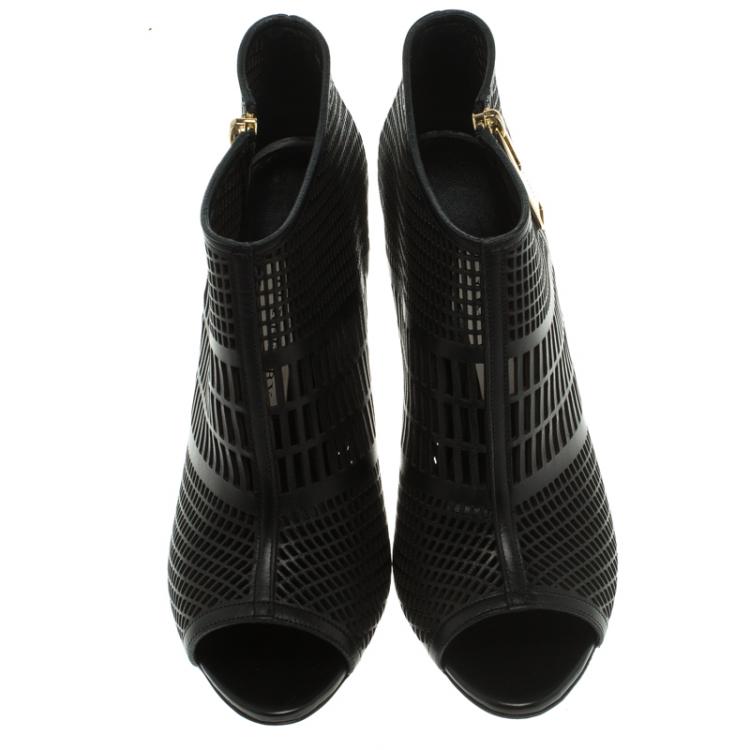 Pre Owned Burberry Black Cutout Leather Baynton Peep Toe Ankle Boots Size 39