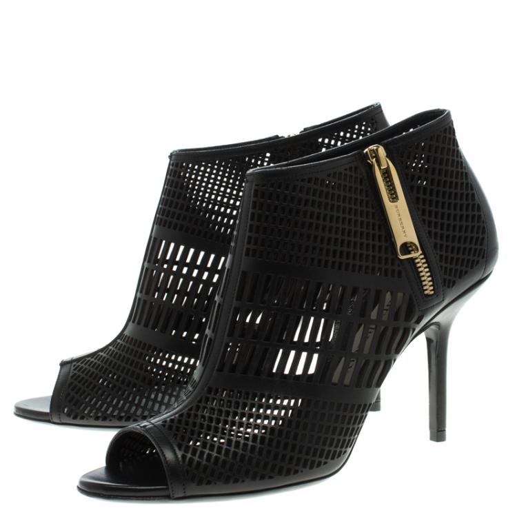 Pre Owned Burberry Black Cutout Leather Baynton Peep Toe Ankle Boots Size 39