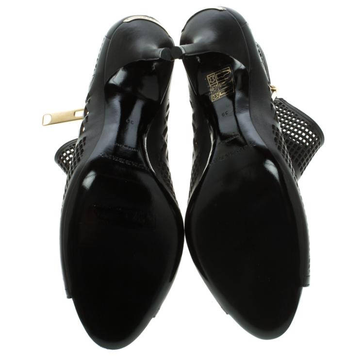 Pre Owned Burberry Black Cutout Leather Baynton Peep Toe Ankle Boots Size 39