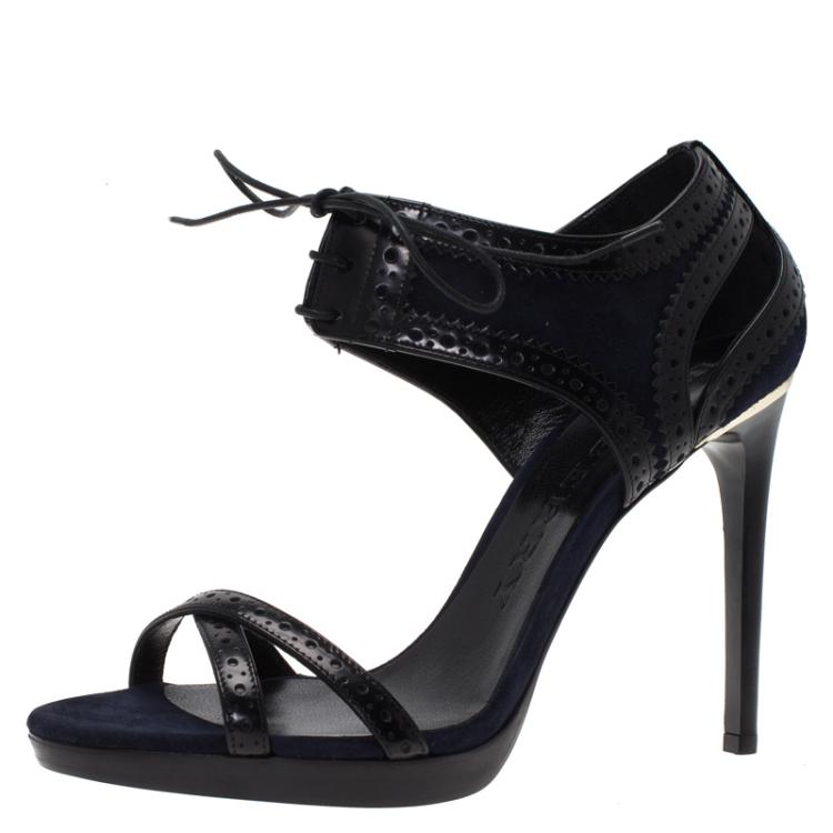 Pre Owned Burberry Blue Suede and Black Brogue Leather Gauld Lace Up Sandals Size 39