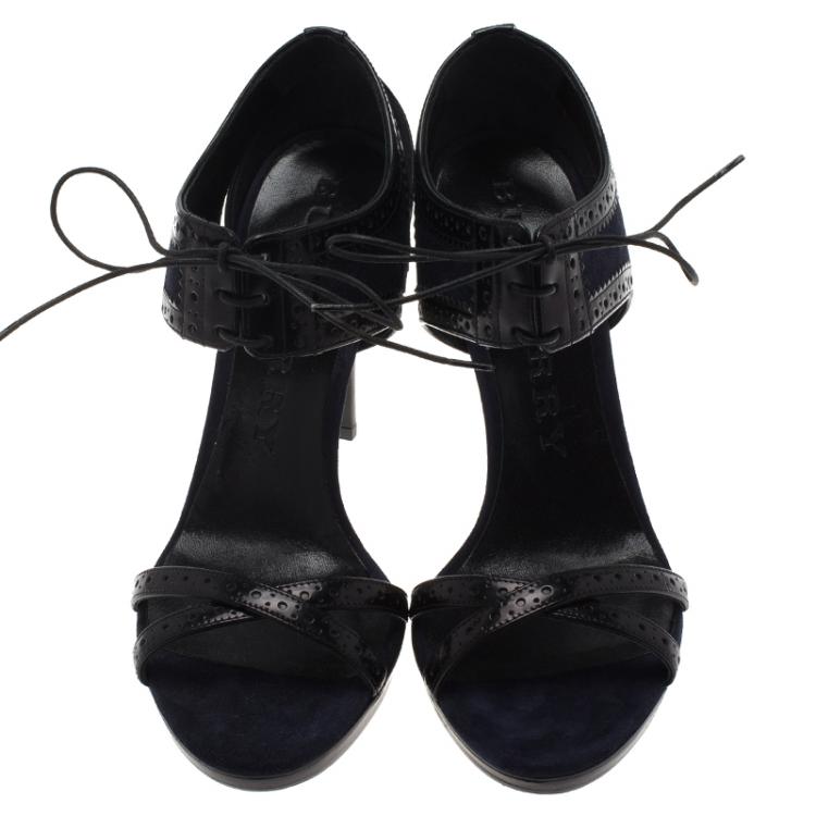 Pre Owned Burberry Blue Suede and Black Brogue Leather Gauld Lace Up Sandals Size 39