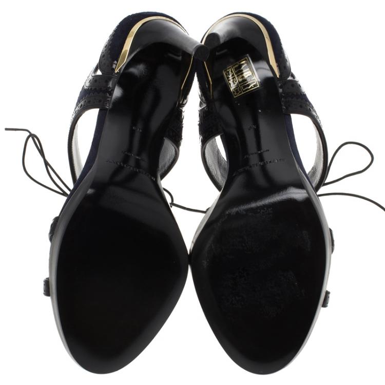 Pre Owned Burberry Blue Suede and Black Brogue Leather Gauld Lace Up Sandals Size 39