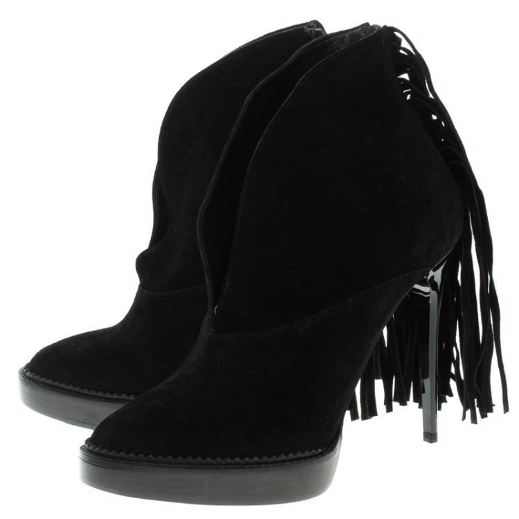 Pre Owned Burberry Prorsum Black Fringed Suede Nadie Ankle Boots Size 39