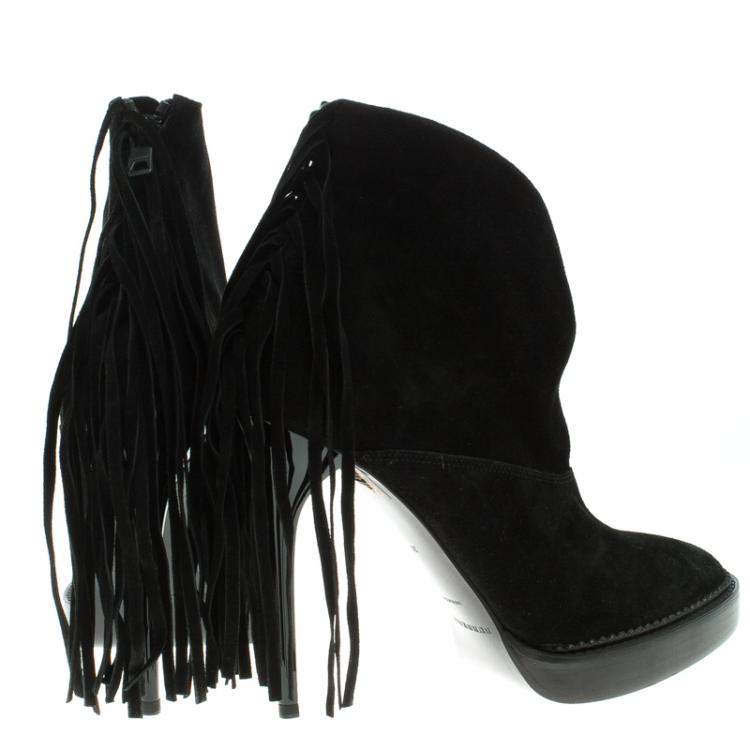 Pre Owned Burberry Prorsum Black Fringed Suede Nadie Ankle Boots Size 39