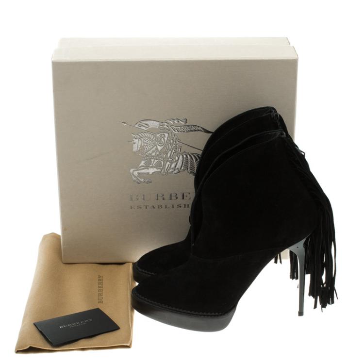 Pre Owned Burberry Prorsum Black Fringed Suede Nadie Ankle Boots Size 39