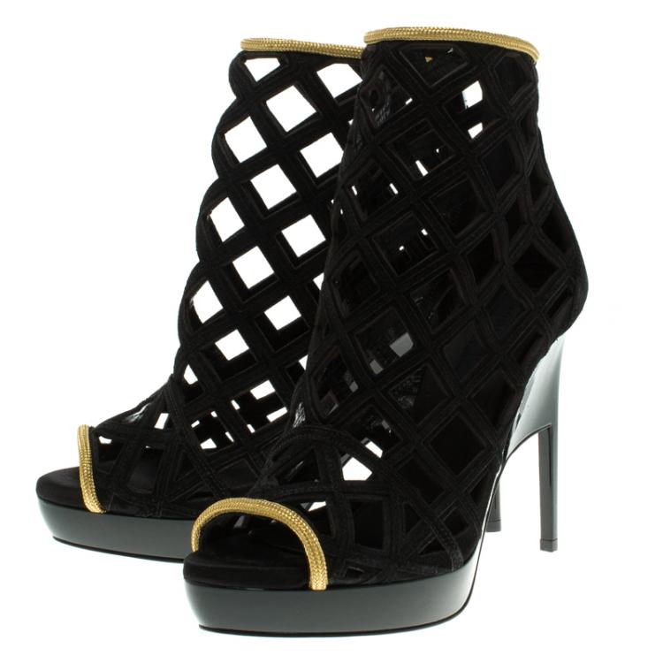 Pre Owned Burberry Prorsum Black Suede and Gold Edenside Cage Wedge Ankle Boots Size 37