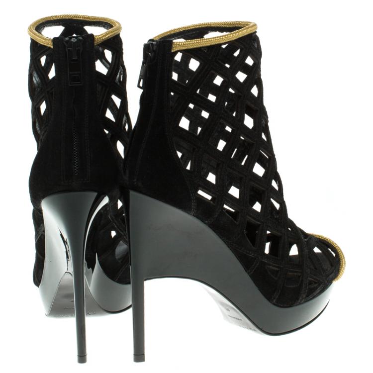 Pre Owned Burberry Prorsum Black Suede and Gold Edenside Cage Wedge Ankle Boots Size 37