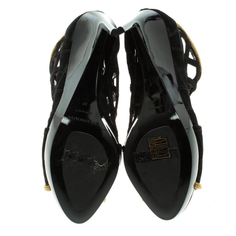 Pre Owned Burberry Prorsum Black Suede and Gold Edenside Cage Wedge Ankle Boots Size 37