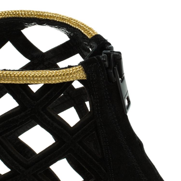 Pre Owned Burberry Prorsum Black Suede and Gold Edenside Cage Wedge Ankle Boots Size 37