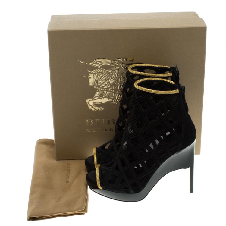 Pre Owned Burberry Prorsum Black Suede and Gold Edenside Cage Wedge Ankle Boots Size 37