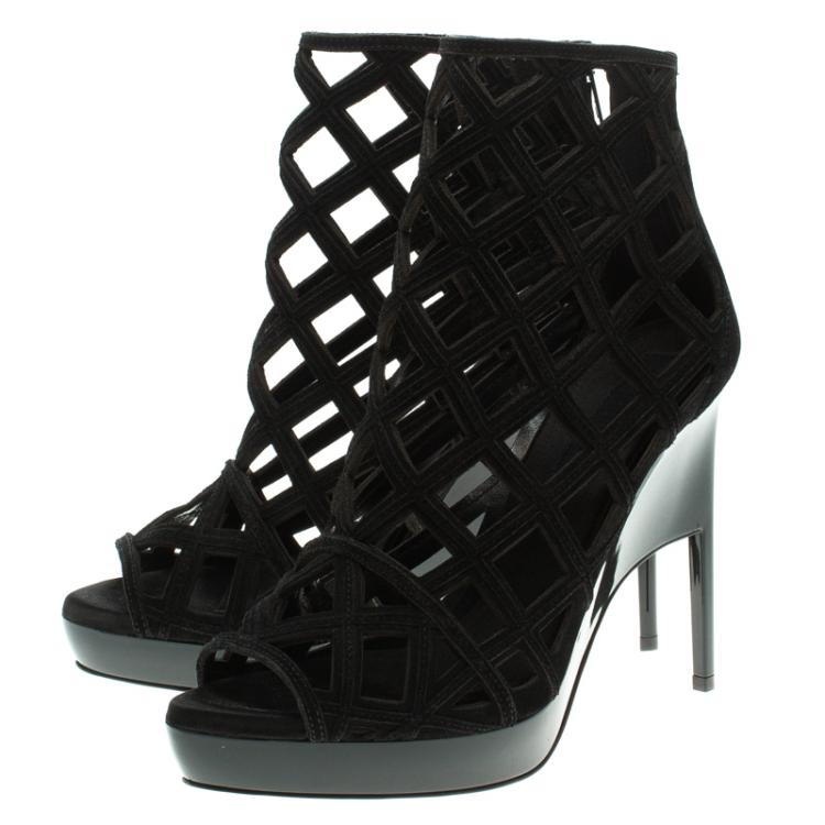 Pre Owned Burberry Prorsum Black Suede Edenside Cage Wedge Ankle Boots Size 39.5