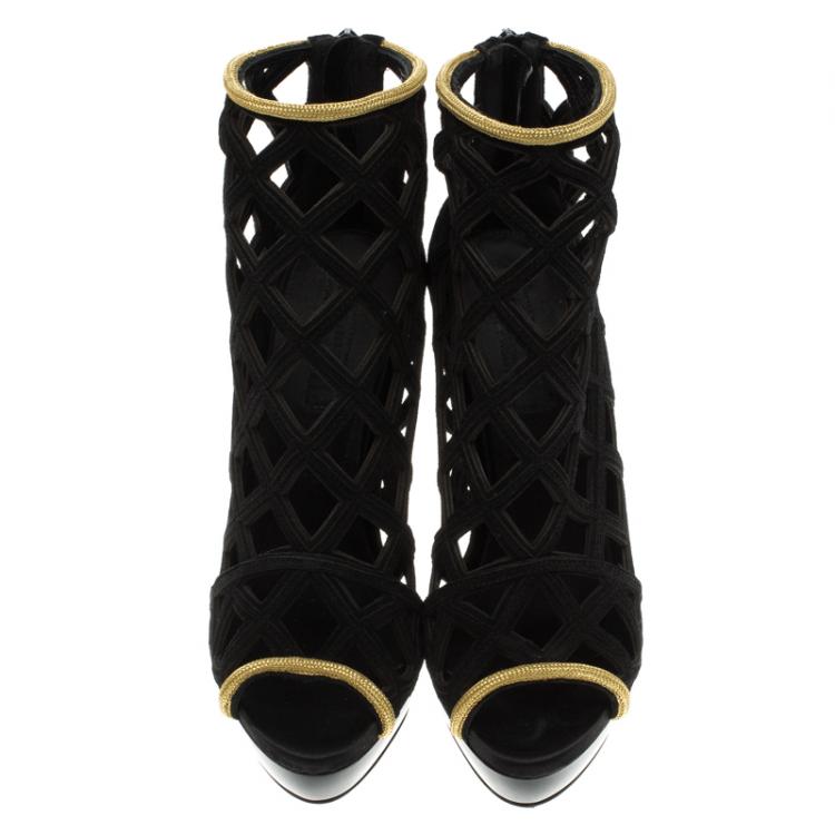 Pre Owned Burberry Prorsum Black Suede and Gold Edenside Cage Wedge Ankle Boots Size 39