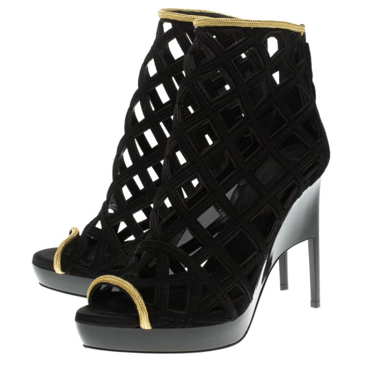 Pre Owned Burberry Prorsum Black Suede and Gold Edenside Cage Wedge Ankle Boots Size 39