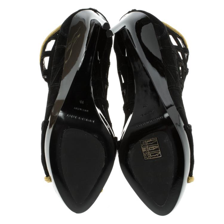 Pre Owned Burberry Prorsum Black Suede and Gold Edenside Cage Wedge Ankle Boots Size 39