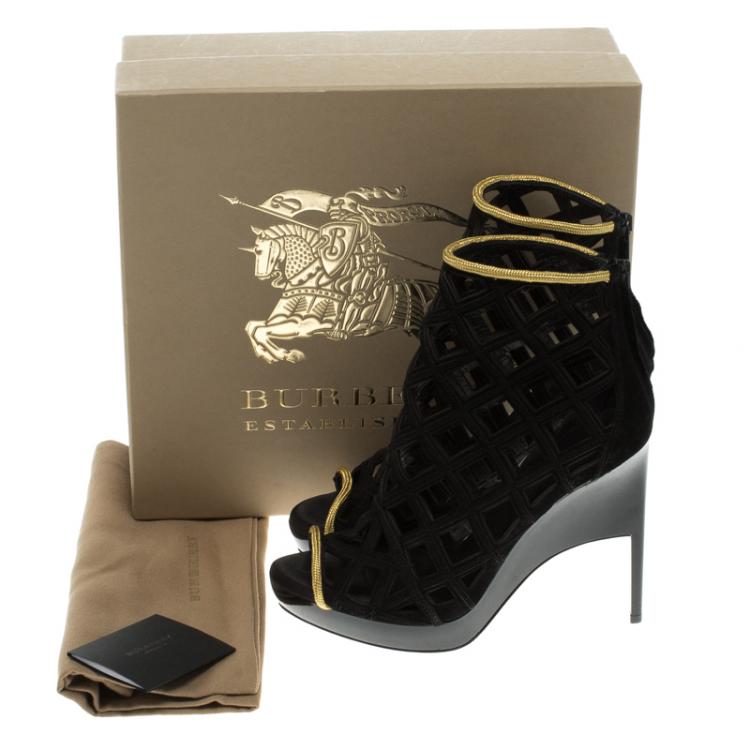 Pre Owned Burberry Prorsum Black Suede and Gold Edenside Cage Wedge Ankle Boots Size 39