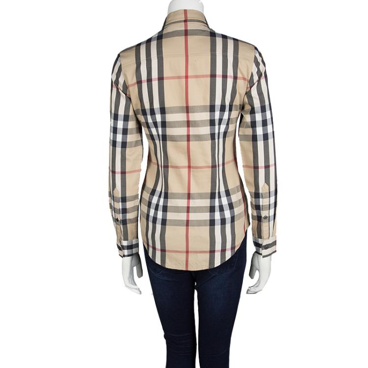 Pre Owned Burberry Brit Beige Novacheck Long Sleeve Buttondown Cotton Shirt XS