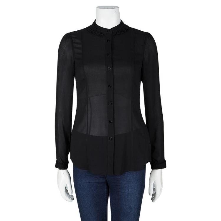 Pre Owned Burberry London Black Silk Ruffle Trim Detail Long Sleeve Blouse S