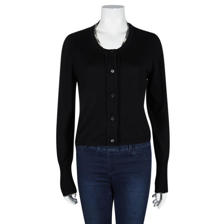 Pre Owned Burberry London Black Merino Wool Check Detail Cropped Button Front Cardigan M