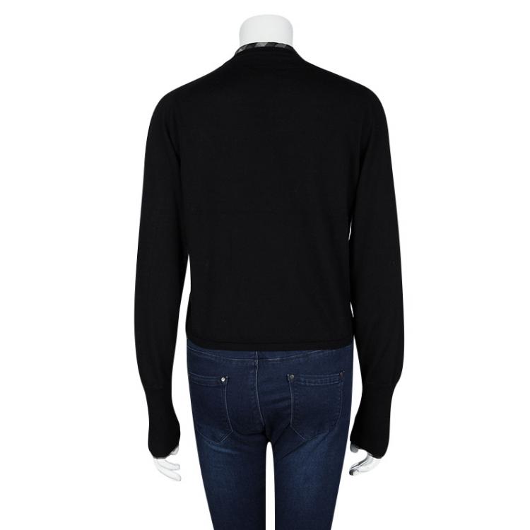 Pre Owned Burberry London Black Merino Wool Check Detail Cropped Button Front Cardigan M