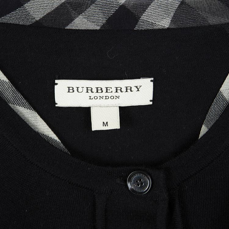 Pre Owned Burberry London Black Merino Wool Check Detail Cropped Button Front Cardigan M