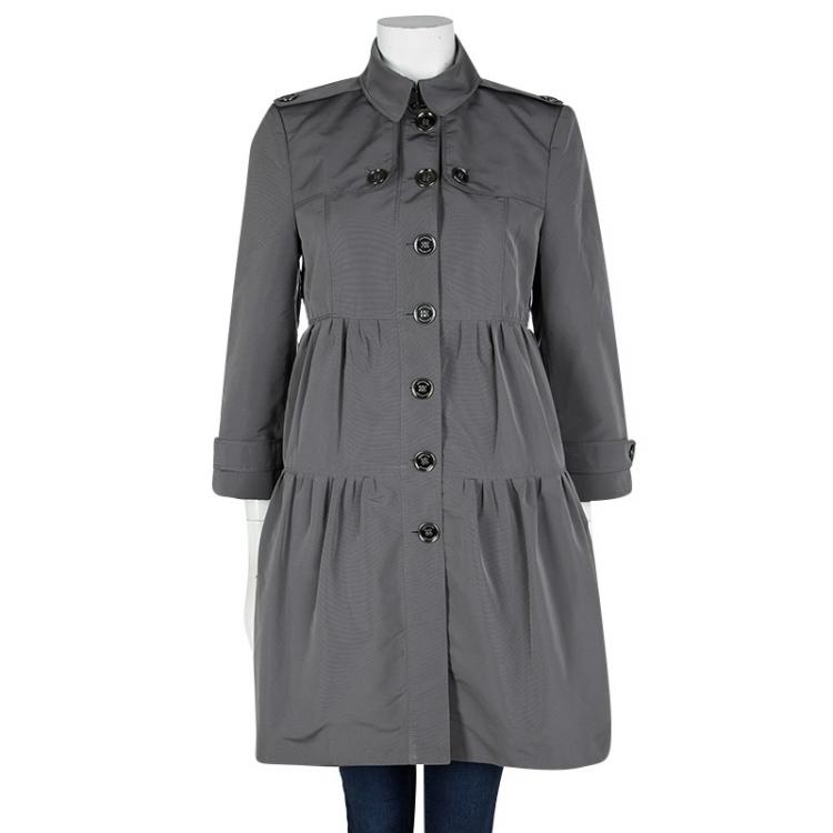 Pre Owned Burberry Grey Three Quarter Sleeve Button Front Dress Coat M